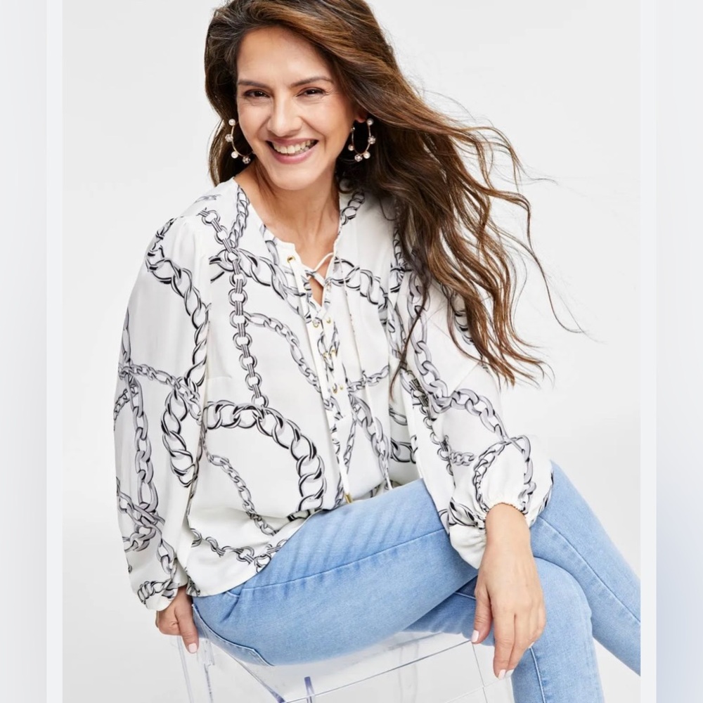 I.N.C. International Concepts Chain-Print Lace-Up-Neck Top